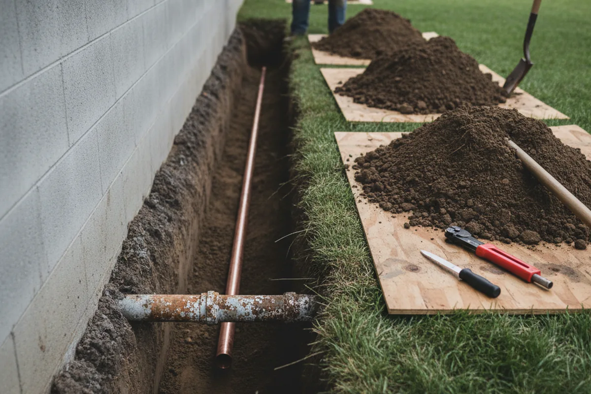 Excavated water line trench during Sewer Line Repair in Hunter